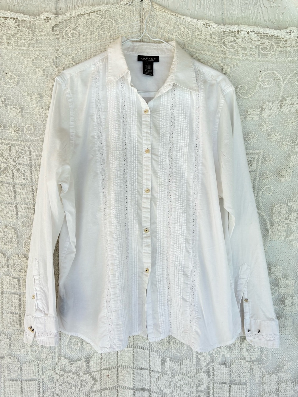 Lauren Ralph Lauren White Pintuck Button-Up Shirt Has 2 small spots
